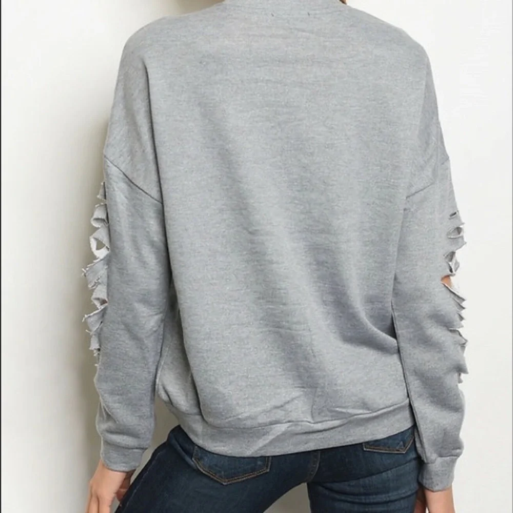 Unique Find Hi-Lo Hem Sweatshirt Top Ripped Sleeves S M L Heather Grey Crewneck - Picture 2 of 16